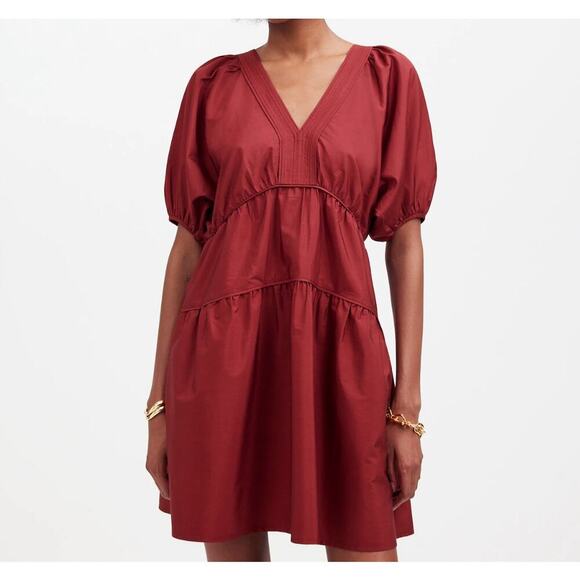 NWT Madewell Puff-Sleeve Mini Dress Poplin Fall Photos Tiered 100% cotton pocket - Picture 9 of 10
